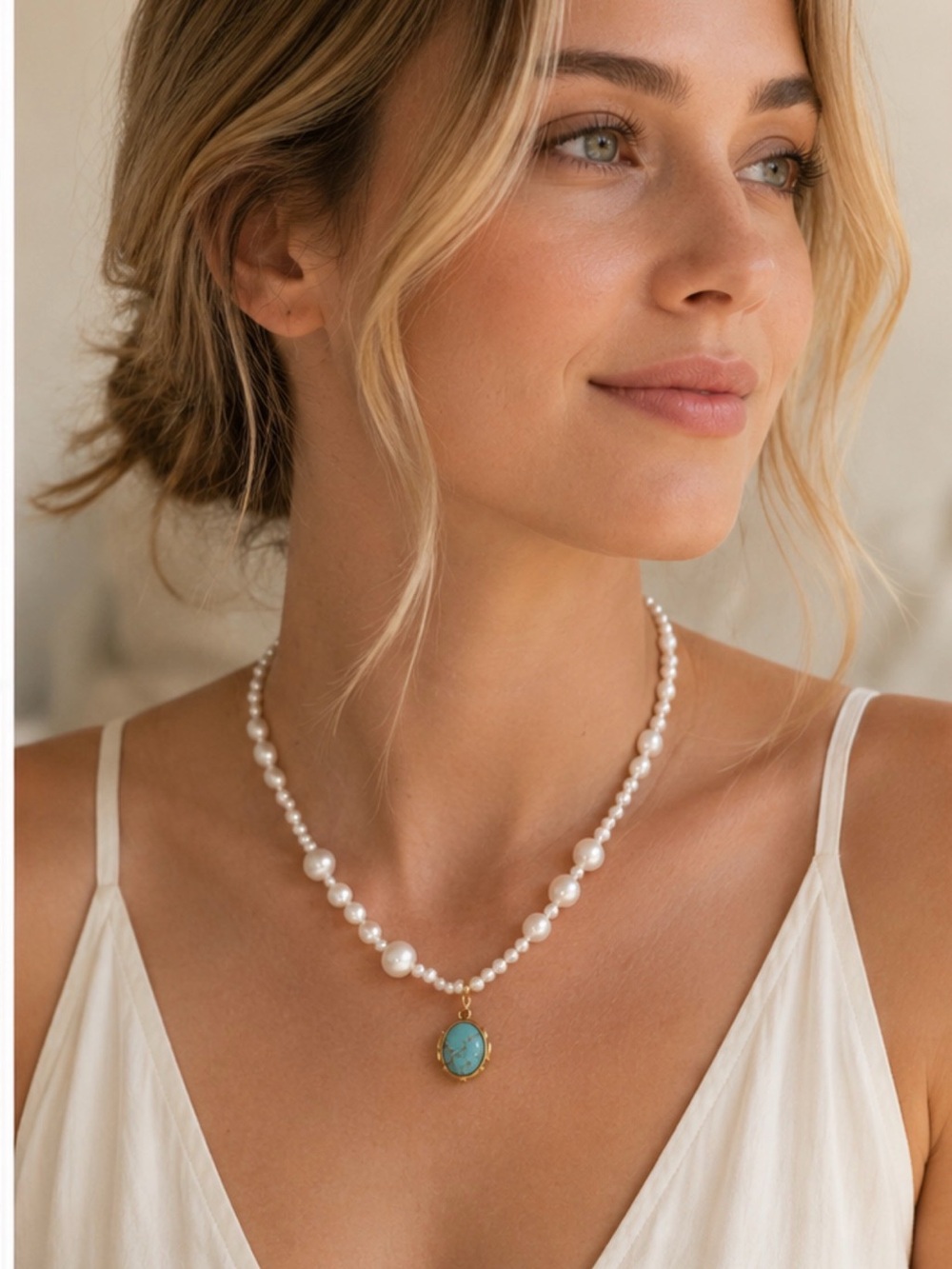 New Mayamar Freshwater Pearl Necklace with Genuine Turquoise Pendant
